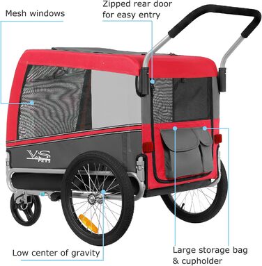 Візок для собак Tiggo VS Pets 2-в-1: візок та велосипедний причіп, великий (270 л), до 35 кг, червоний