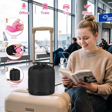 Подушка для подорожей Kobete з ефектом пам'яті (Memory Foam) для шиї, набір для сну в літаку, авто, поїзді: 3D-маска для сну, беруші та сумка (Рожевий)