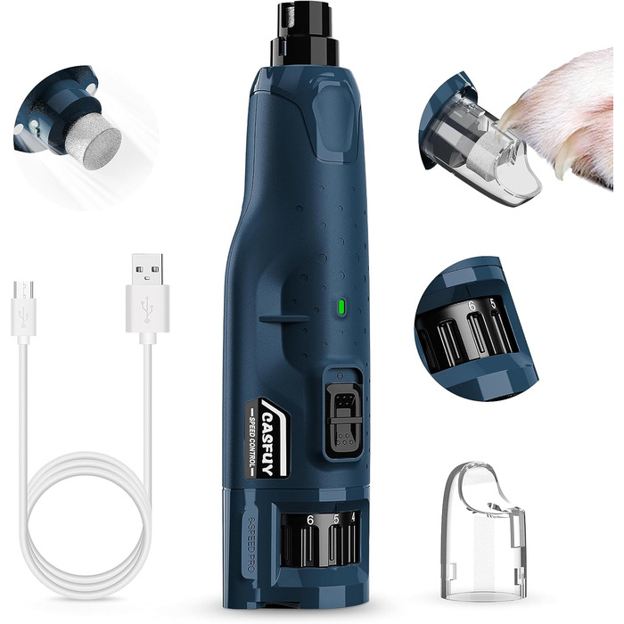 Електричний точилка для кігтів собак Casfuy - 6 режимів, 45 дБ, з LED-підсвіткою, для великих, середніх та малих порід, з захистом від пилу (білий/блакитний)