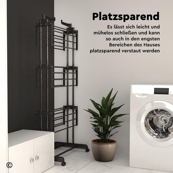 Сушарка для білизни VertiSlim складана, вежа з 4 рівнями, нержавіюча сталь, на колесах, чорна - для дому та вулиці