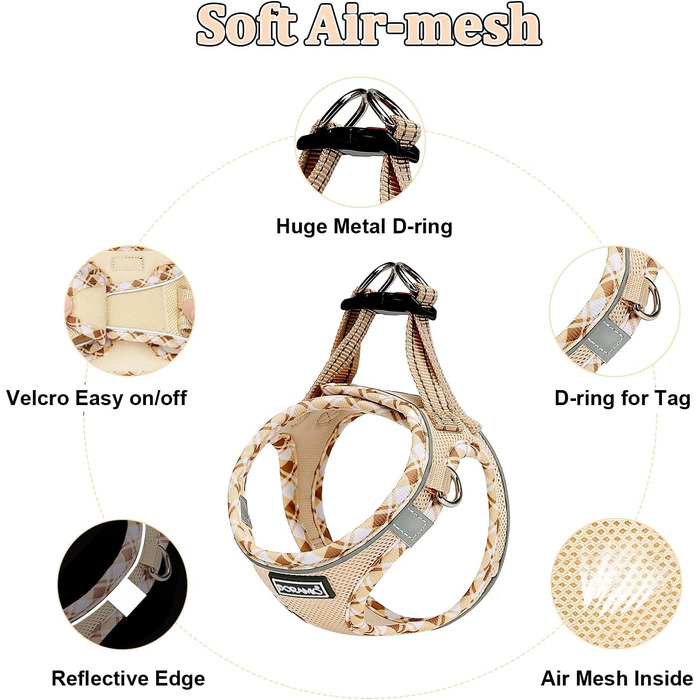 Шлейка для собак маленьких порід з повідком, Step-in шлейка, світловідбиваюча, дихаюча, для грудної клітки, анти-тяга, безпечна, шлейка для котів (Бежевий, S) S Бежевий