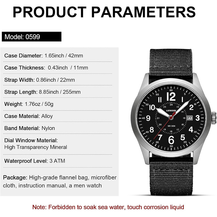 Годинник чоловічий LN LENQIN Military 30M водостійкий з датою, кварцовий, тактичний, на текстильному ремінці (чорний/сріблястий)