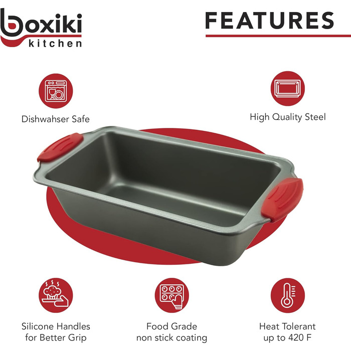 Loaf Pan - Premium Non-Stick Loaf Pan Made of Steel by Boxiki Kitchen | Professional Non-Stick Baking Pan for Baking Banana Bread, Meatloaf, and Pound Cake | 21.5 x 11.5 cm, with Red Silicone Grips