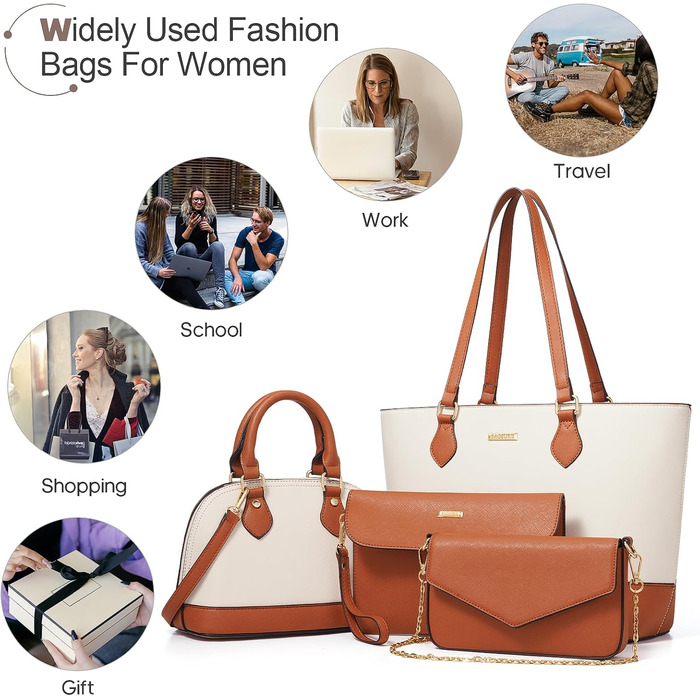 Bagsure Сумка жіноча 4 в 1: сумка-шопер, сумка на плече, сумка для офісу, подорожей (Браун-Бежевий)