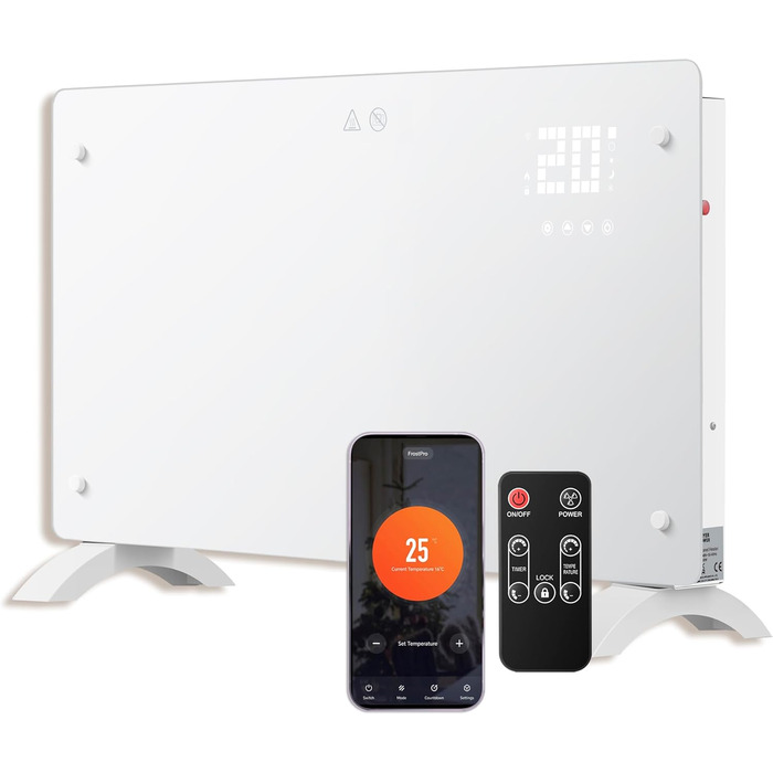 Конвектор опалення DONYER POWER 2500W з Wi-Fi, 24H таймер, дистанційне керування, скло (1.5kW, білий)