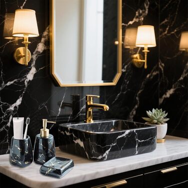 Набір аксесуарів для ванної кімнати XUDREZ з малюнком мармуру, кераміка, набір з 3 предметів: дозатор для лосьйону, стаканчик для зубних щіток, мильниця, чорний глянцевий, преміум якість