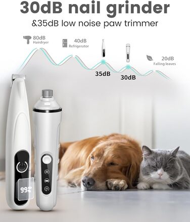 Триммер для стрижки кігтів та стрижка кігтів для собак 2 в 1, безшумний, акумуляторний, електричний, для великих, середніх та маленьких собак, білий