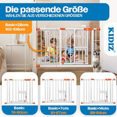 Захисне ворота KIDIZ для дітей з люком для котів, без свердління | Захист від падіння, поворотне, біле/помаранчеве, ширина 74-80 см