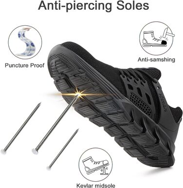 Черевики робочі чоловічі/жіночі Hitmars з металевим підноском, зручні, легкі, кухонні, неслизькі, чорні, EU 46