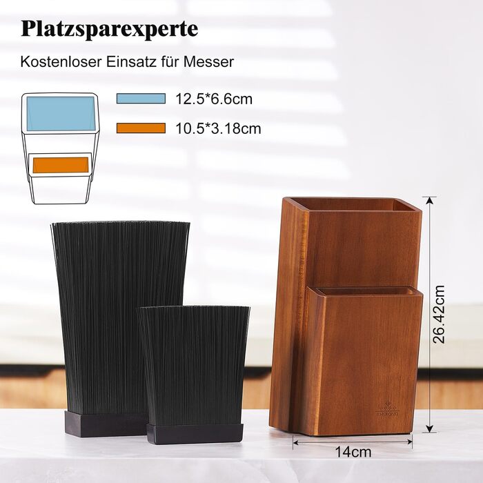 ENOKING Knife Block without Knives, Acacia Wood Knife Block, Knife Holder with Removable Plastic Bristles, Universal Wooden Knife Block for the Kitchen Counter