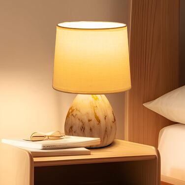 Настільна лампа Aigostar з кераміки, вінтажна модель з тканинним абажуром, патрон E14, макс. 40W, сучасна лампа для нічного столика, нічник для спальні, вітальні, офісу (без лампочки) - H235mm (білий золотий - H25.5cm)