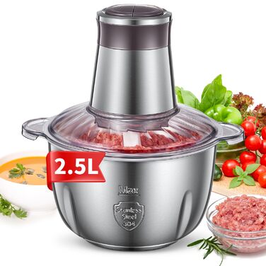 Електричний подрібнювач FOHERE для кухні, 350W, з чашею 2.5л з нержавіючої сталі та 2 швидкостями, 4 леза з нержавіючої сталі для м'яса, цибулі та овочів