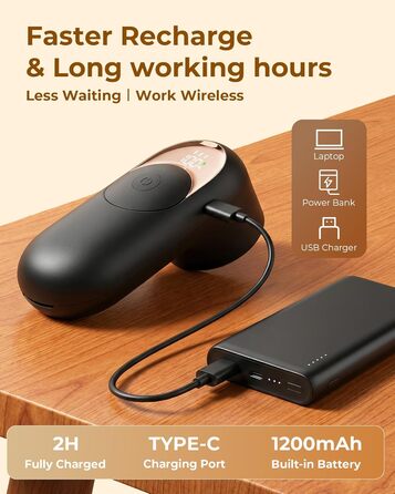 Електричний видалення ворсу з одягу - портативний бездротовий прилад з LED-дисплеєм (чорний)