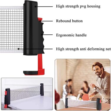 Мережа для настільного тенісу, висувна, 190 см (макс), портативна, замінна, для столу, офісу, їдальні (чорний, червоний)