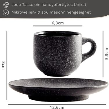 Stone Age Design Espresso Cups (6x80ml) - Espresso Cup Set with matching saucers - Espresso coffee cups made from 100% handmade - stackable cappuccino cups in black