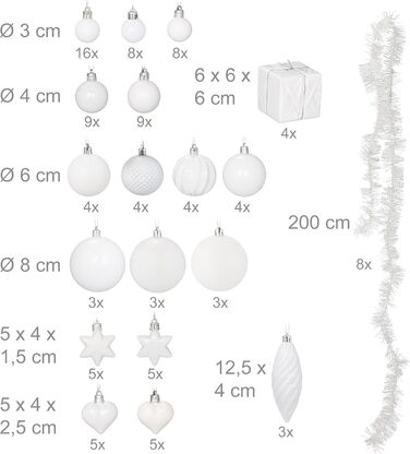 Набір прикрас для ялинки Relaxdays 110 шт. (пластик) - кулі, мішура та інше. Новорічний декор для ялинки, білий