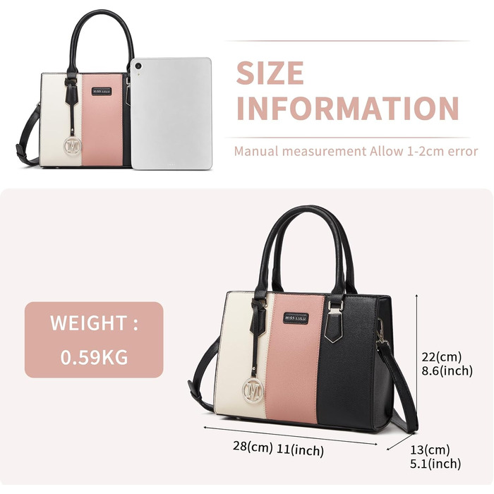 Сумка жіноча Miss Lulu середнього розміру з PU шкіри, рожево-сіра, з плечовим ременем для офісу, школи, подорожей та покупок