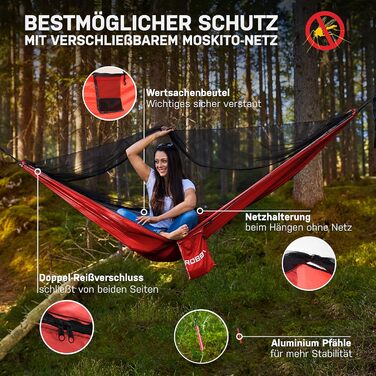 Hammock Outdoor with Mosquito Net for 2 People | 660 lbs (300kg) Weight Capacity | Double Hammock with Attachment Set | Nylon Camping Travel Hammock | 114.2 x 55.1 inches (290x140cm) (Red)