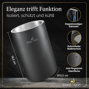 Охолоджувач для вина BARMINGO з нержавіючої сталі з 2 охолоджувальними акумуляторами – охолоджувач напоїв та охолоджувач пляшок для вина, шампанського, ігристого вина | Подвійний сектанкулер з охолоджувальними манжетами | Охолоджувач для винних пляшок | (