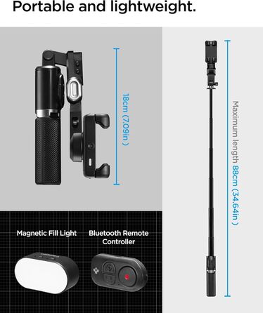 Стабілізатор Gimbal Spigen з розпізнаванням обличчя, селфі-стік, штатив, LED-підсвітка, вертикальне/горизонтальне обертання, сумісний зі смартфонами iPhone, Samsung та іншими