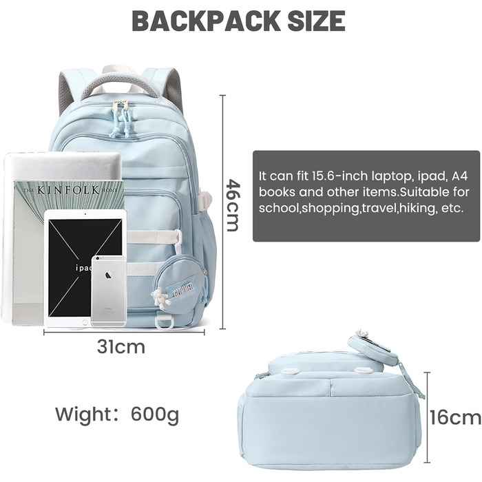 Шкільний рюкзак для дівчаток-підлітків, водонепроникний, легкий, великого об'єму, модний, для школи або подорожей - блакитний
