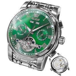 Чоловічий годинник OLEVS Automatik з турбійоном, календарем, чорний, водонепроникний, світлодіодна підсвітка, двоколірний (срібло/зелений)
