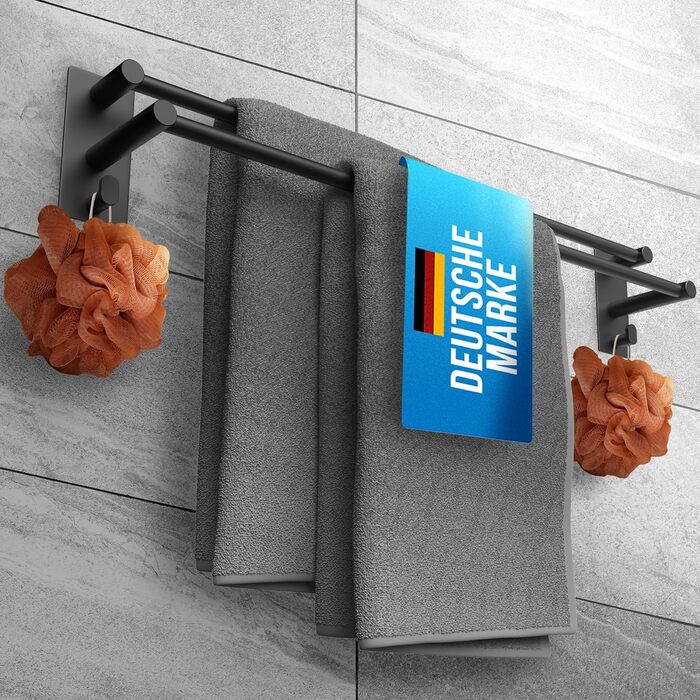 Тримач для рушників без свердління, нержавіюча сталь, чорний - з двома гачками, 80 см, для ванної кімнати, душової кабіни, кухні