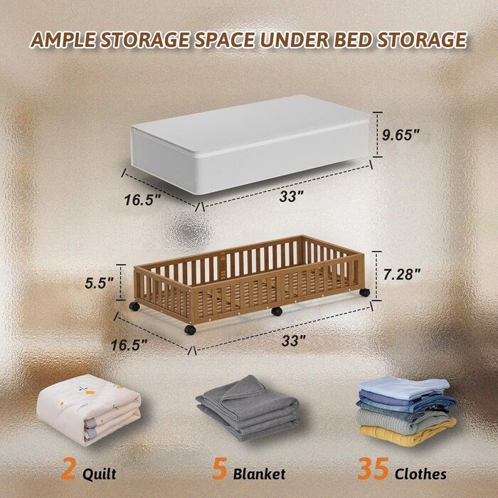Контейнери для зберігання під ліжком з бамбука, 2 шт., великі, для ковдр, одягу, взуття, органайзери для спальні, дитячої кімнати, з колесами (33.07 x 16.54 см)