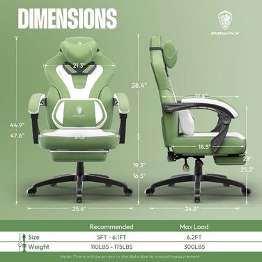 Dowinx Gaming Chair Fabric with Footrest, Large and High Gaming Chair for Heavy People, Computer/PC Gamer Chair for Adults with Massage (Green) Fabric Green