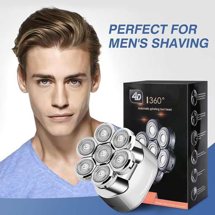 Електричний голкострум для голивної голови Glatzen Rasierer: 7D плаваюча головка, ротаційний голкострум 6-в-1, вологостійкий, для догляду за обличчям (сріблястий)