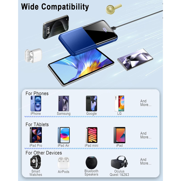 Портативний зарядний Power Bank 10000mAh, 22.5W, PD USB-C, для iPhone, Samsung та інших. Чорний/Синій