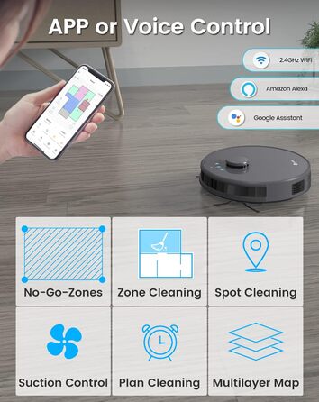 Робот-пилосос LEFANT M1B: потужність 6000Pa, функція миття, лазерна навігація, анти-заплутування, керування через додаток та Alexa, для тварин та килимів, білий