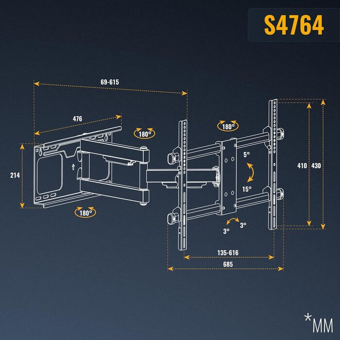 Настінний кріплення для телевізора RICOO S4764: поворотний та нахильний тримач для TV 40-75 дюймів, VESA до 600x400, до 60 кг