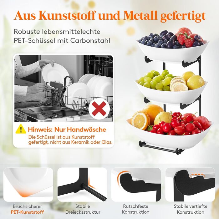 Підставка для фруктів та закусок Lifewit з 3 ярусами, біла, для буфетів, фруктів, снеків, овочів, тістечок, десертів, чорна