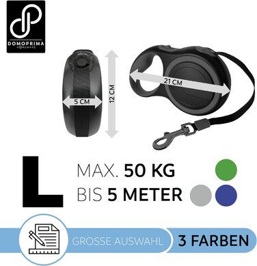 Рулетка для собак DOMOPRIMA, 3 розміри (S, M, L), 4 кольори (сірий, блакитний, зелений, рожевий) з відбиваючим ремінком. Зелена рулетка, розмір L