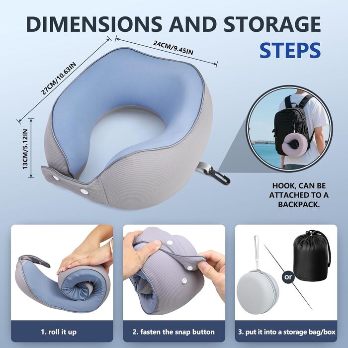 Подушка для шиї у літак, доросла, регульована, з піною з пам'яті, ергономічний дизайн, з чохлом, маскою для очей та навушниками
