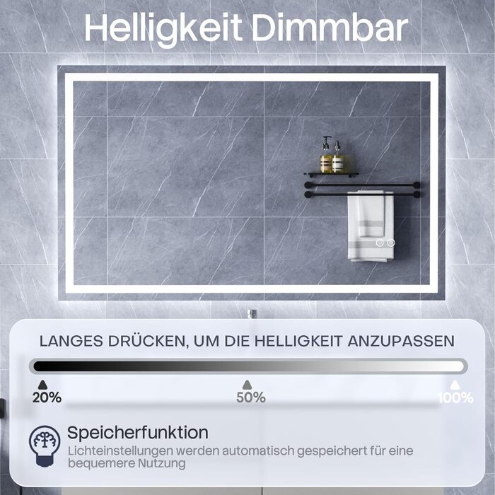 Дзеркало для ванної кімнати HySail з підсвічуванням, 5 мм, висока роздільна здатність, срібне покриття, 3 колірні температури та регульована яскравість, настінне дзеркало з сенсорним вимикачем та функцією проти запотівання (3 кольори + регулювання яскраво