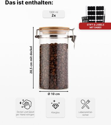 Набір кавових контейнерів Deco haus® 2 шт. з етикетками, 1,3 л - для кави, цукру, борошна, мюслі. Повітряно-непроникні контейнери для зберігання продуктів.