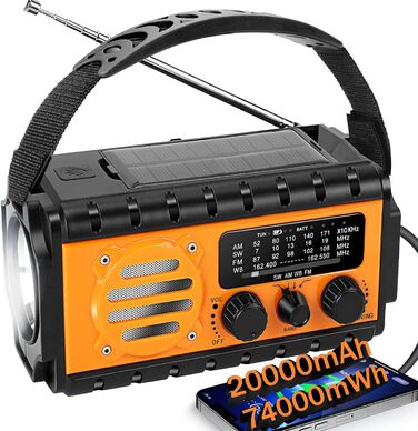 Радіостанція на сонячній батареї та з ручним заводом 20000mAh, AM/FM/SW, USB-зарядка, SOS-сигнал, для кемпінгу та надзвичайних ситуацій, оранжевий