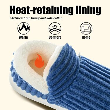 Тапочки жіночі зимові з підкладкою з пам'яті, чоловічі, з м'якого корду, повністю пухнасті, з бавовняної підкладки, з антиковзкою підошвою, зручні, для дому та вулиці (46/47 EU, синій)