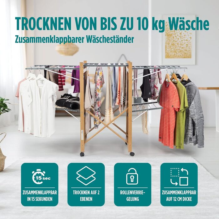 Сушарка для білизни Vitapur XXL з роликами - 2 рівні, 21м довжини, складна, 12см деревоподібний дизайн, мобільна, внутрішня/зовнішня, вантажопідйомність 25кг, 136x69см, економія місця