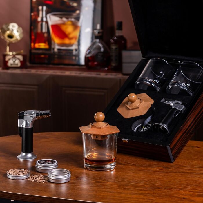 Преміум дерев'яний бокс для віскі з набором для копчення, ліхтарик, тріски, 2 склянки, набір для копчення коктейлів, подарунок для чоловіків, віскі, бурбон, День батька, ідеї подарунків на день народження