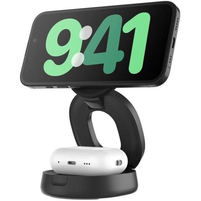 Бездротова зарядна станція 2-в-1 Belkin BoostCharge Qi2 15W MagSafe для iPhone 17, AirPods, Pixel, з блоком живлення 30W, чорна