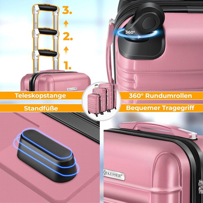 Набір валіз KESSER® з ABS-пластику (S-M-L-XL) з телескопічною ручкою, 4 колеса, ваги та бірка, рожевий
