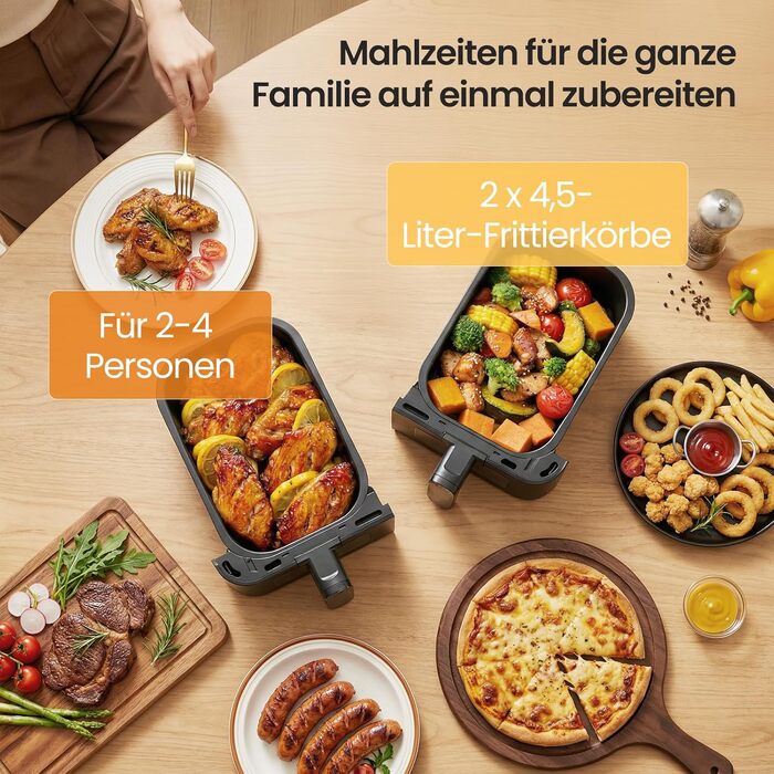 Аерофритюрниця LLIVEKIT 9L з двома камерами (2x4.5L), 8 програм, 4D конвекція, функція Sync-Finish, енергоощадна, чорна