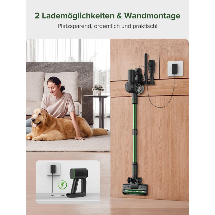 Бездротовий пилосос Vexilar Akku: 60 хвилин роботи, 45 kPa, 550 W, безщітковий мотор, LED дисплей, 6-в-1, тихий, для дому/авто, тверді підлоги, килими, шерсть тварин, зелений