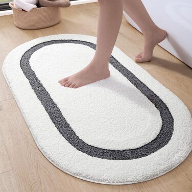 DEXI Non-Slip Bathroom Rug - Absorbent Bath Mat for Shower, Bathtub & Toilet - Machine Washable, Soft, Oval (61 x 92 cm, Grey)