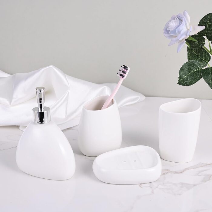 XYQXYQ Elegant 4-Piece Galvanized Ceramic Bathroom Set, featuring a lotion dispenser, mouth rinse cup, soap dish, and toothbrush holder, modern bathroom decoration set (white)
