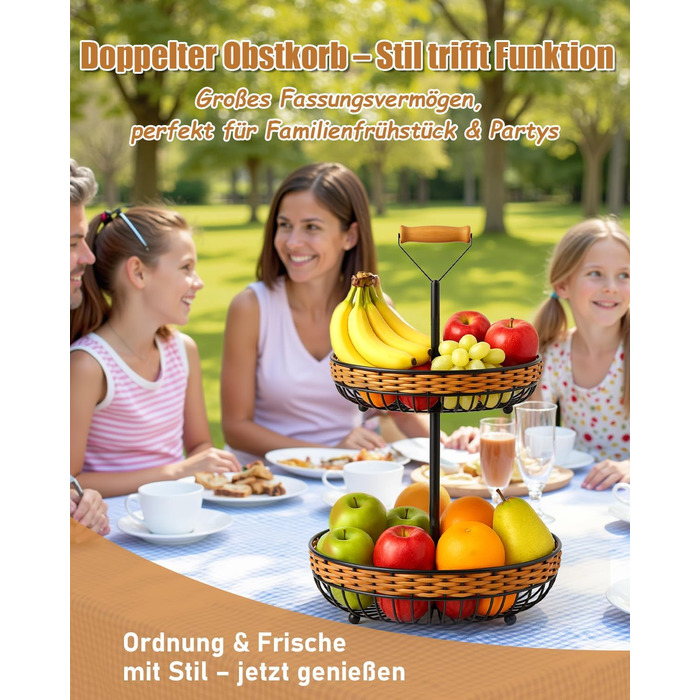 Двоярусний кошик для фруктів LEEJARD з синтетичного ротангу, знімний піддон, чорний (H:45 Dm:29 см)