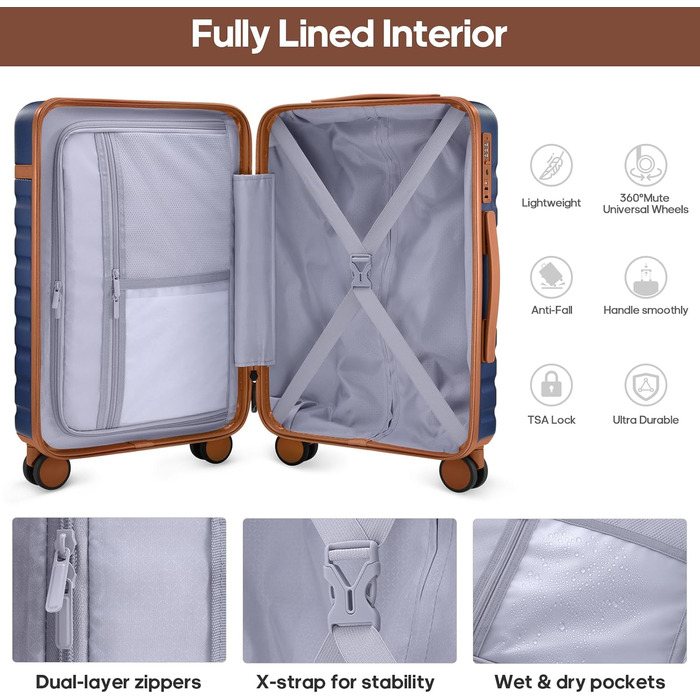 Набір валіз UKEIN 3 шт. з жорстким корпусом, міцний ручний багаж з 4 колесами, TSA-замок, рюкзак та косметичка (Marineblau)